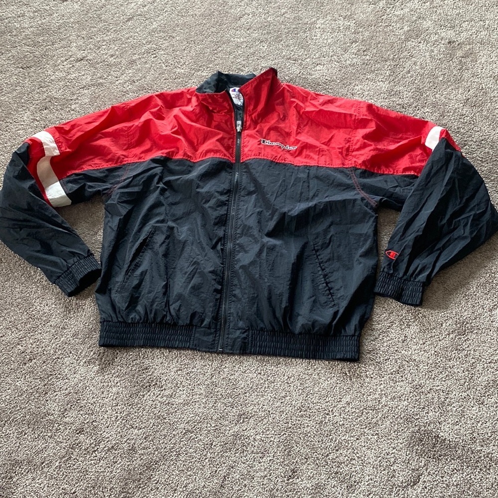 Champion Red Black Colorblock Windbreaker Lightweight Full Zip Jacket SIZE XL